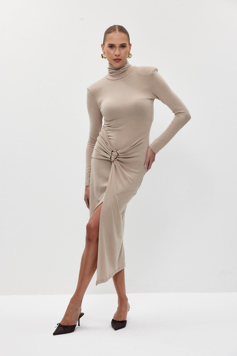 Turtleneck Padded Long Sleeve Midi Dress