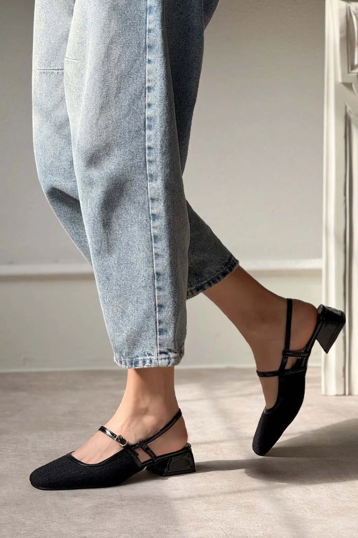 HARMONY BLACK KILIM BLUT TOE BELT DETAIL SHORT HEEL WOMEN'S BALLERINA