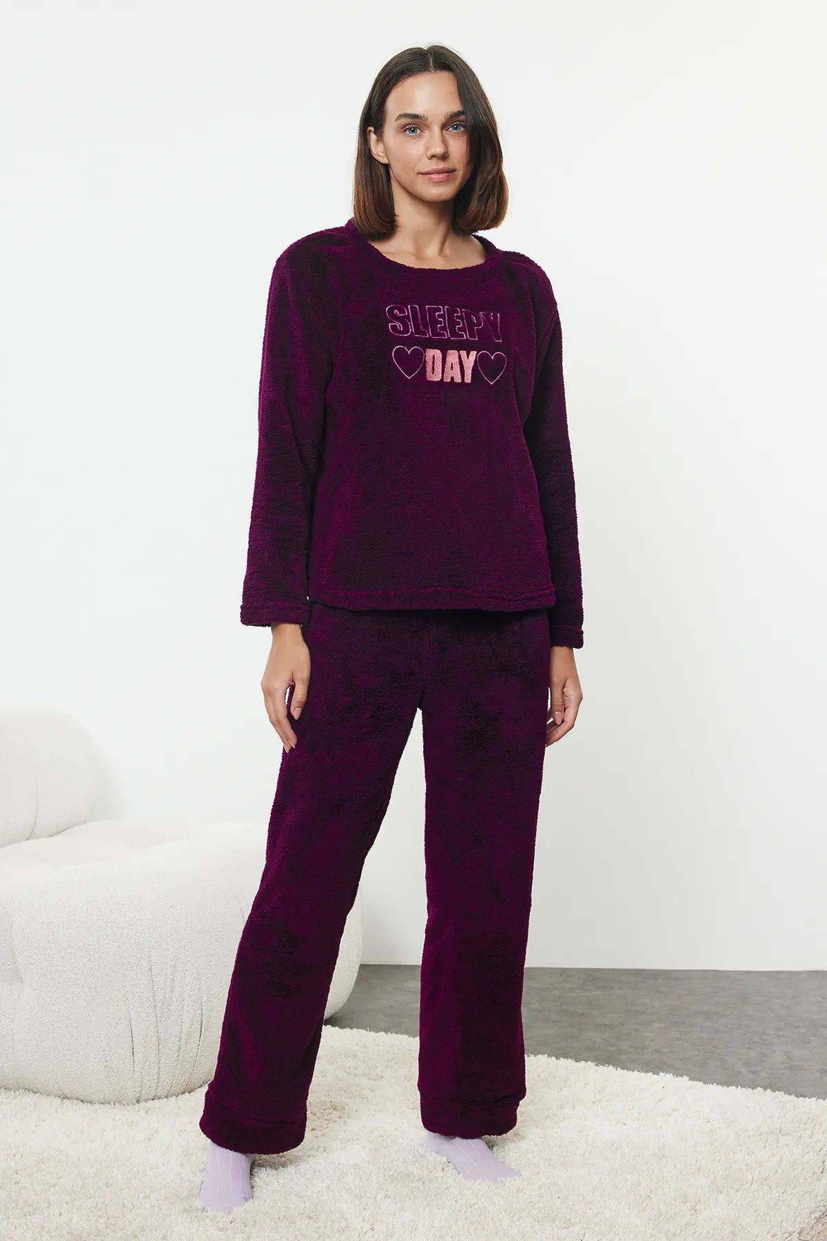 Wellsoft Winter Knitted Pajama Set with Plum Slogan and Heart