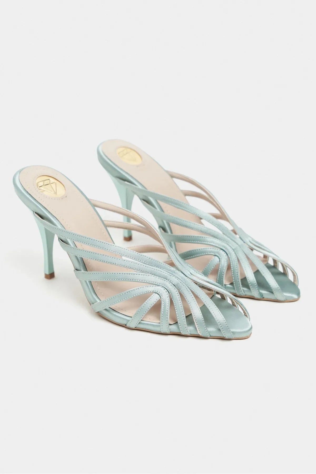 JUDITH Turquoise Satin Open Toe Cage Detail Women’s Heeled Slippers
