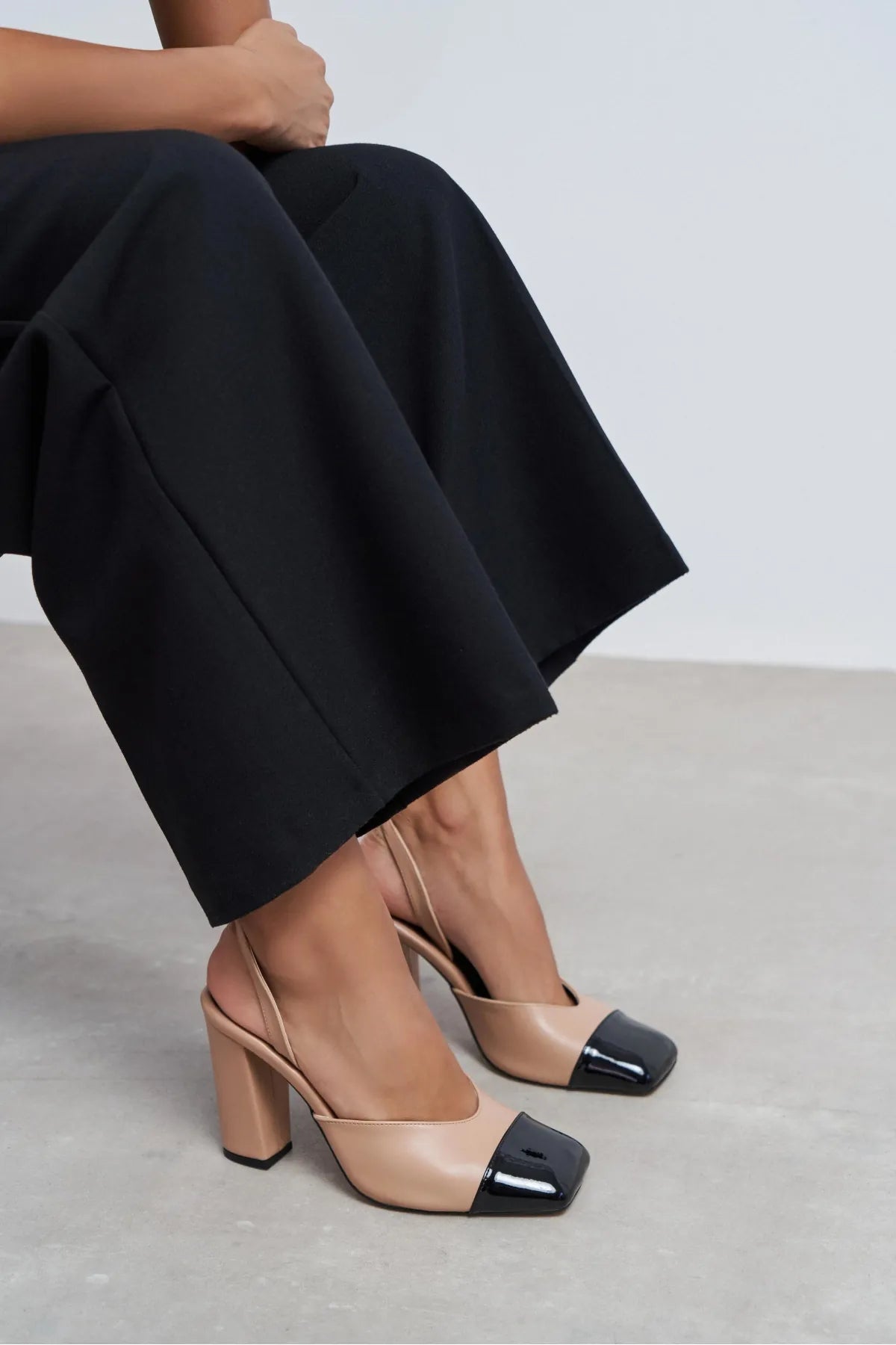 SOLEA Nude Matte Slingback Heels with Black Patent Toe Detail