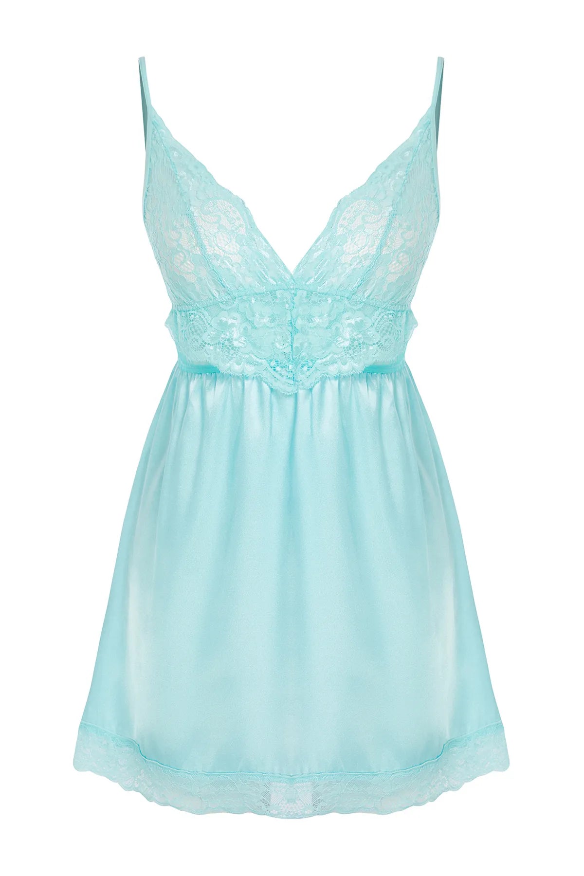 Aqua Green Satin Lace Detailed Rope Strap Knitted Babydoll