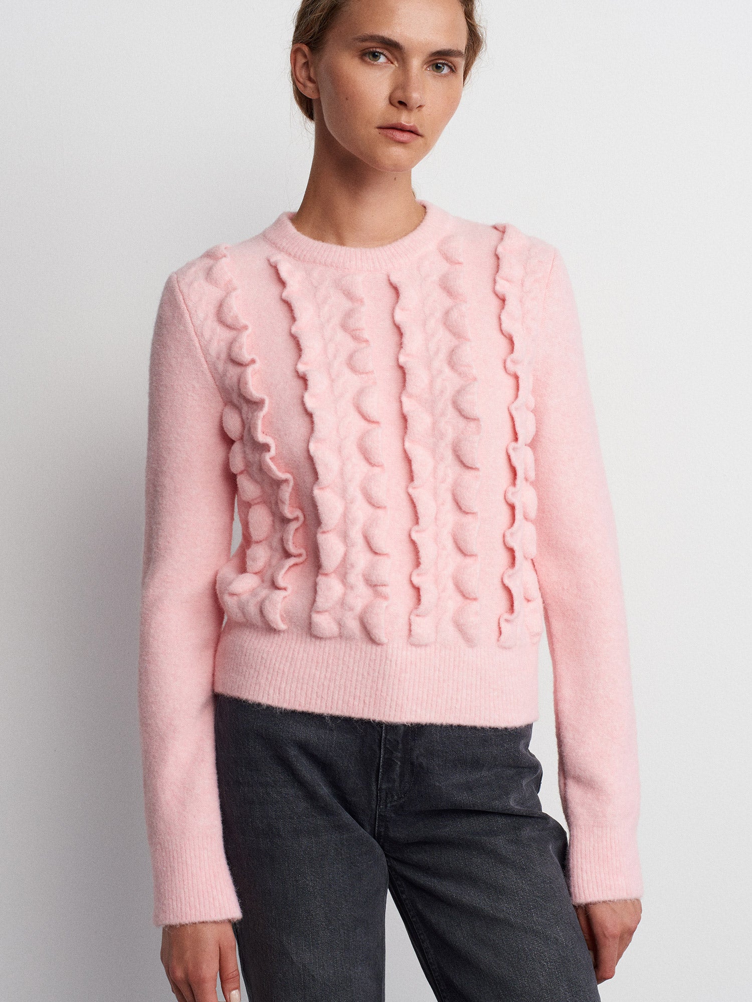 Crew Neck Ruffle Knit Sweater-Pink