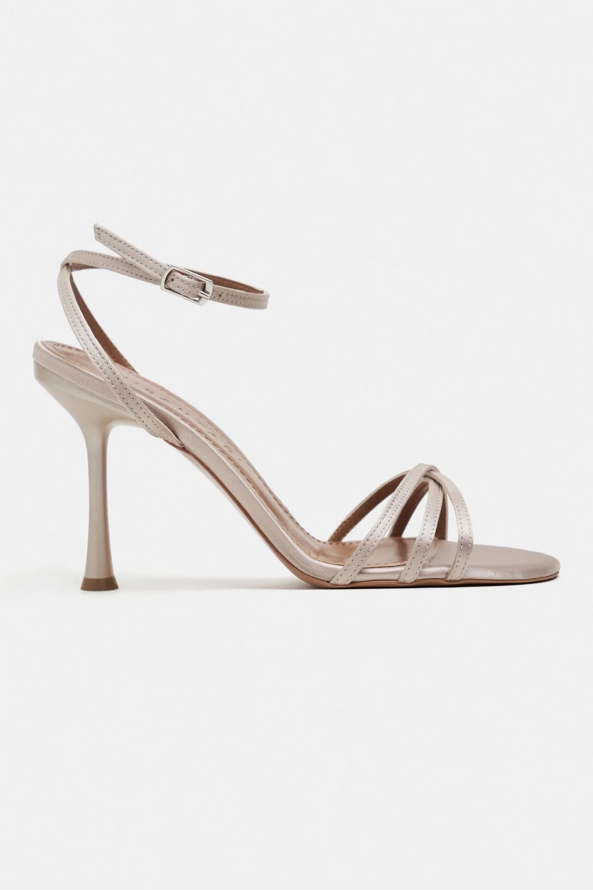 AVA Sand Beige Satin Cross-Detail Ankle Strap Women's Heels