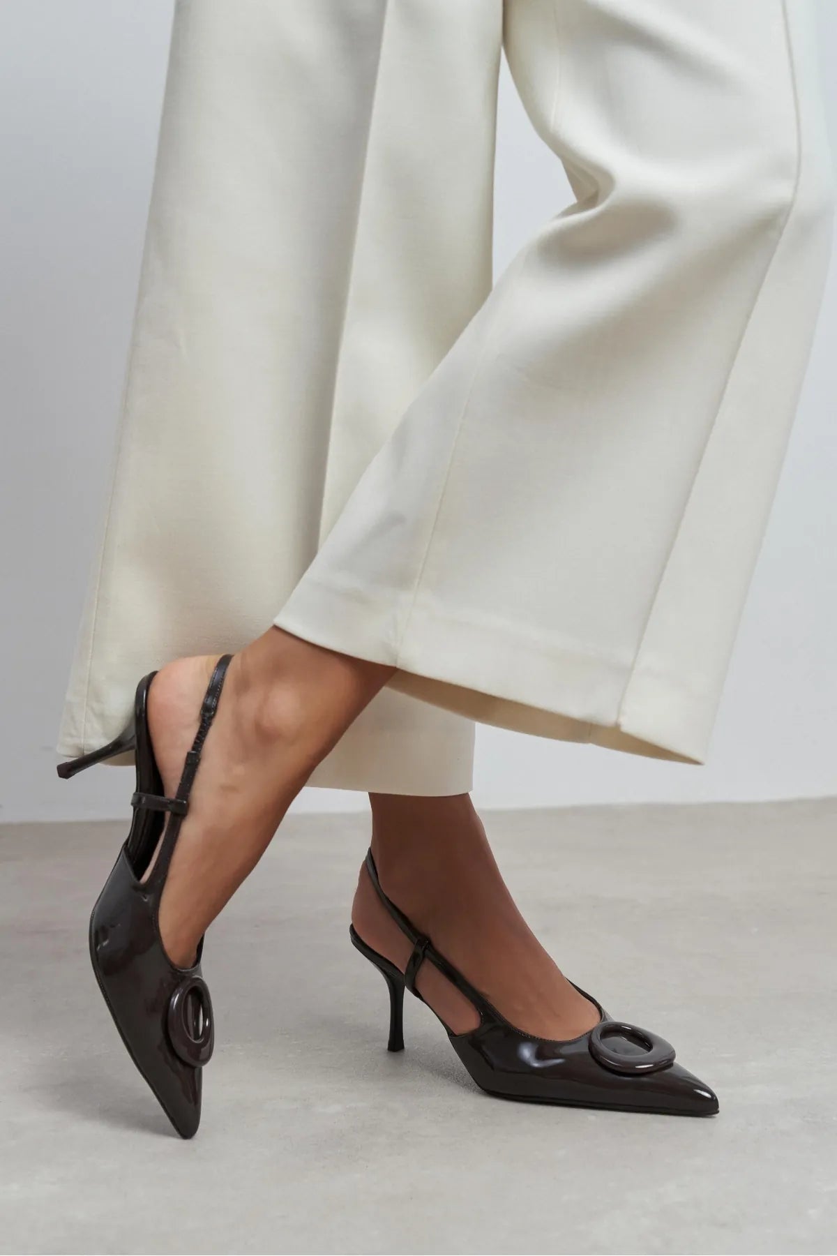 NEREID BROWN PATENT ACCESSORY DETAIL POINTED-TOE SLINGBACK HEEL