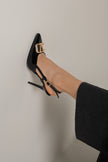 Liva V Detail Thin Heel  Black Patent Leather Stiletto - PRE ORDER