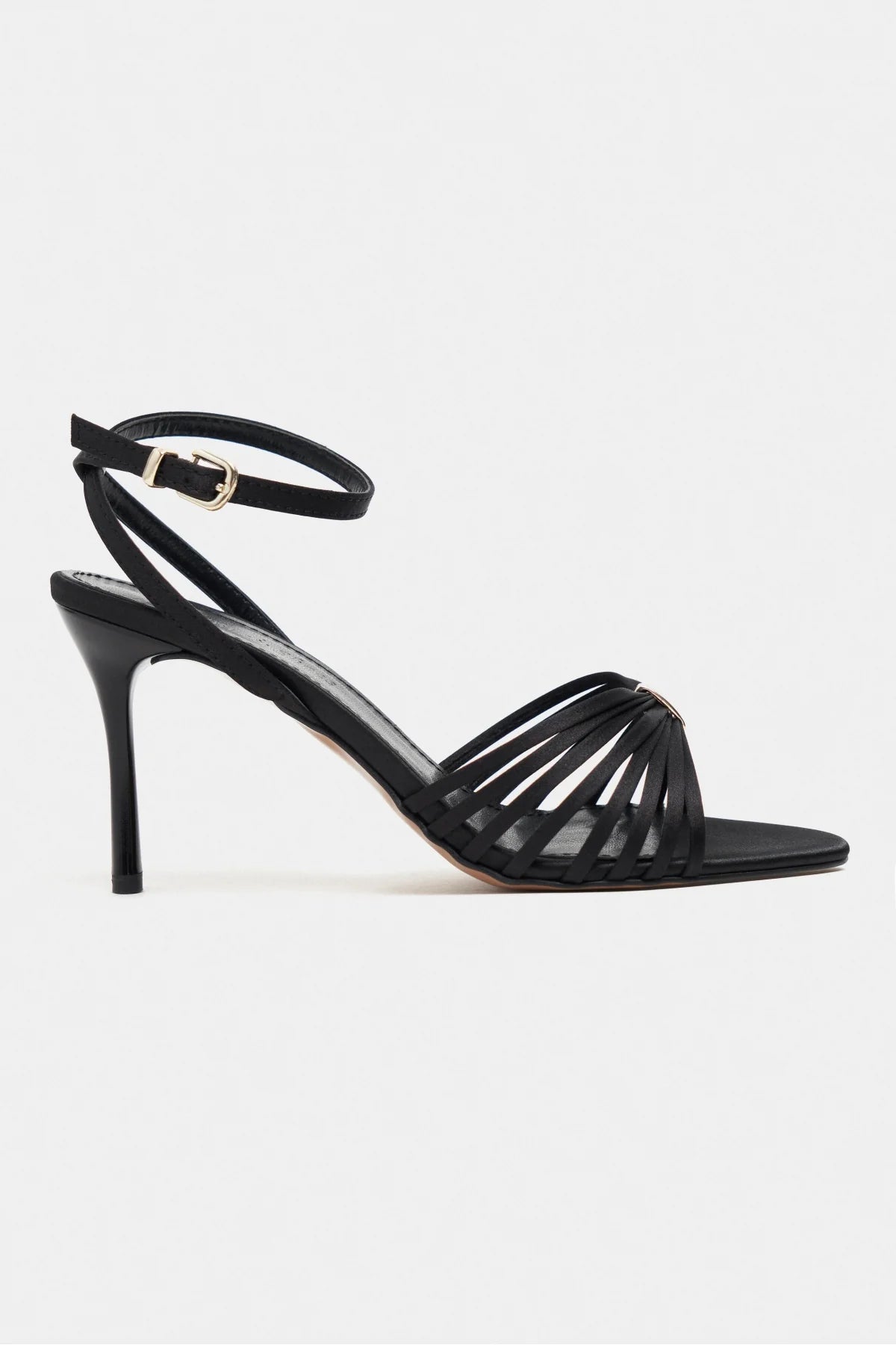 ZARIA BLACK SATIN CAGED OPEN-TOE WOMEN’S HIGH HEEL SANDALS