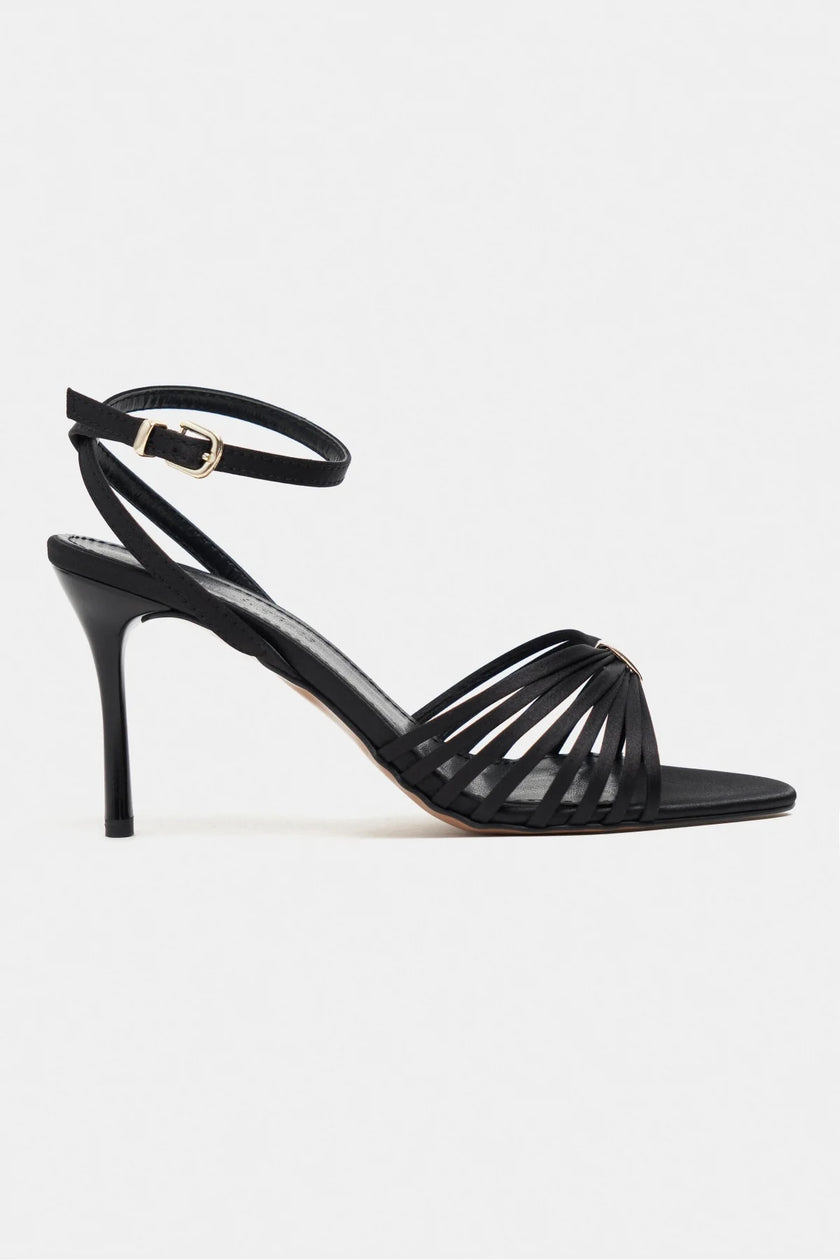 ZARIA BLACK SATIN CAGED OPEN-TOE WOMEN’S HIGH HEEL SANDALS