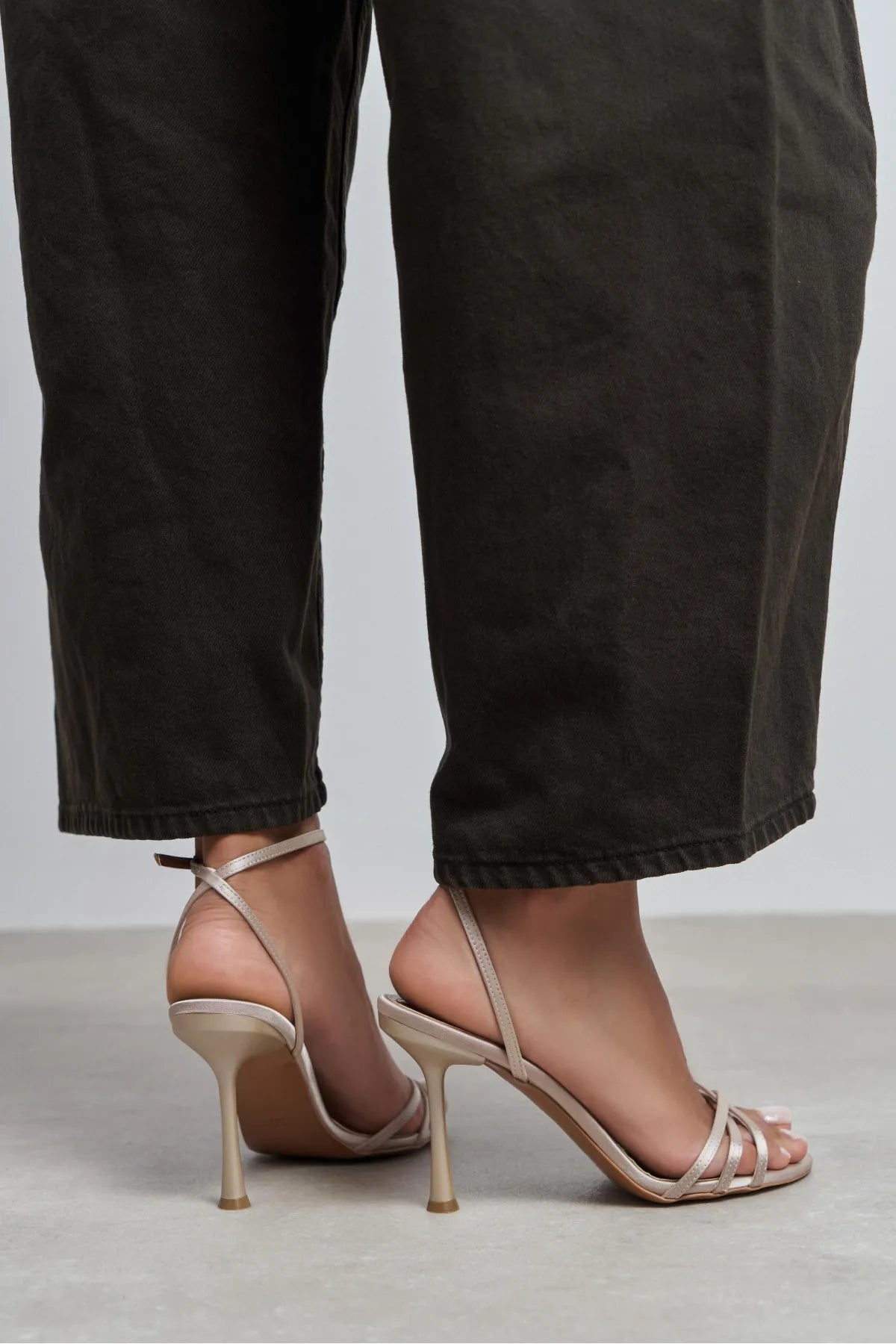 AVA Sand Beige Satin Cross-Detail Ankle Strap Women's Heels