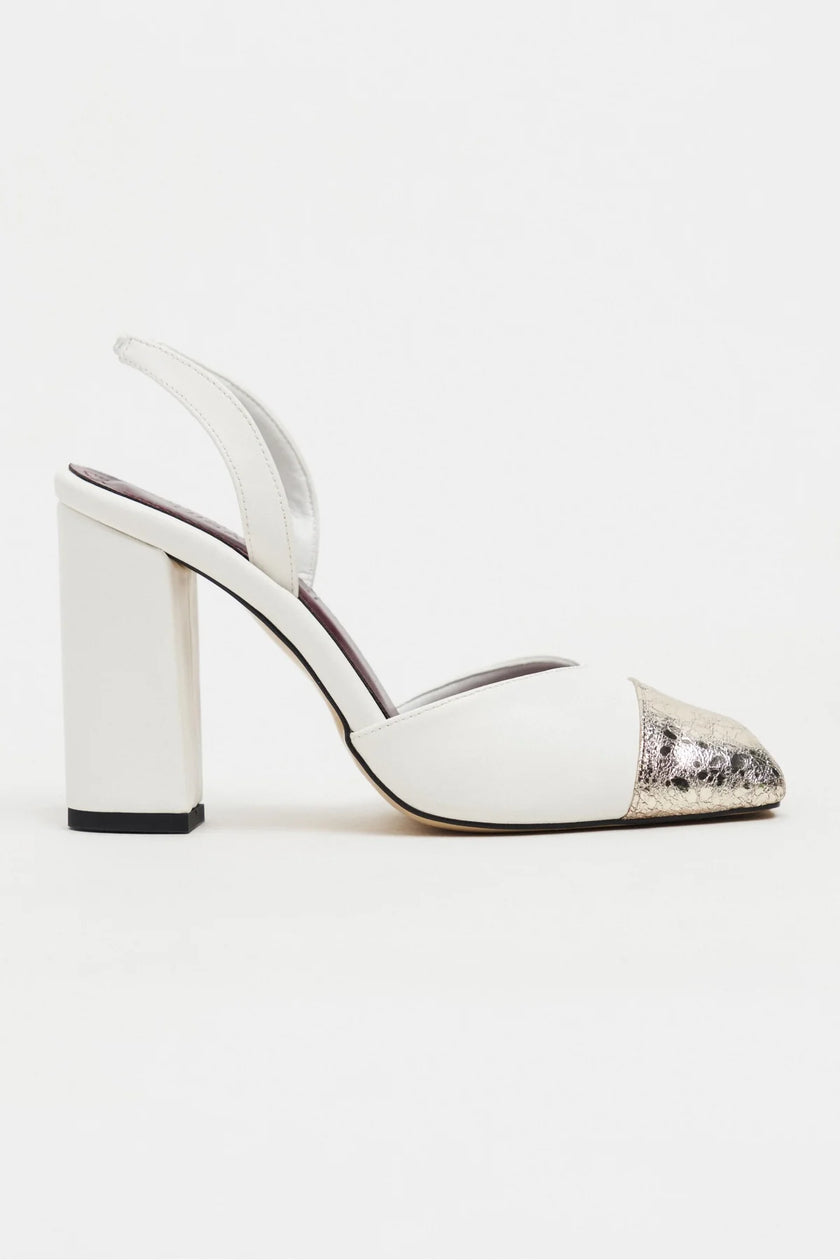 SOLEA White Matte Slingback Heels with Gold Toe Detail