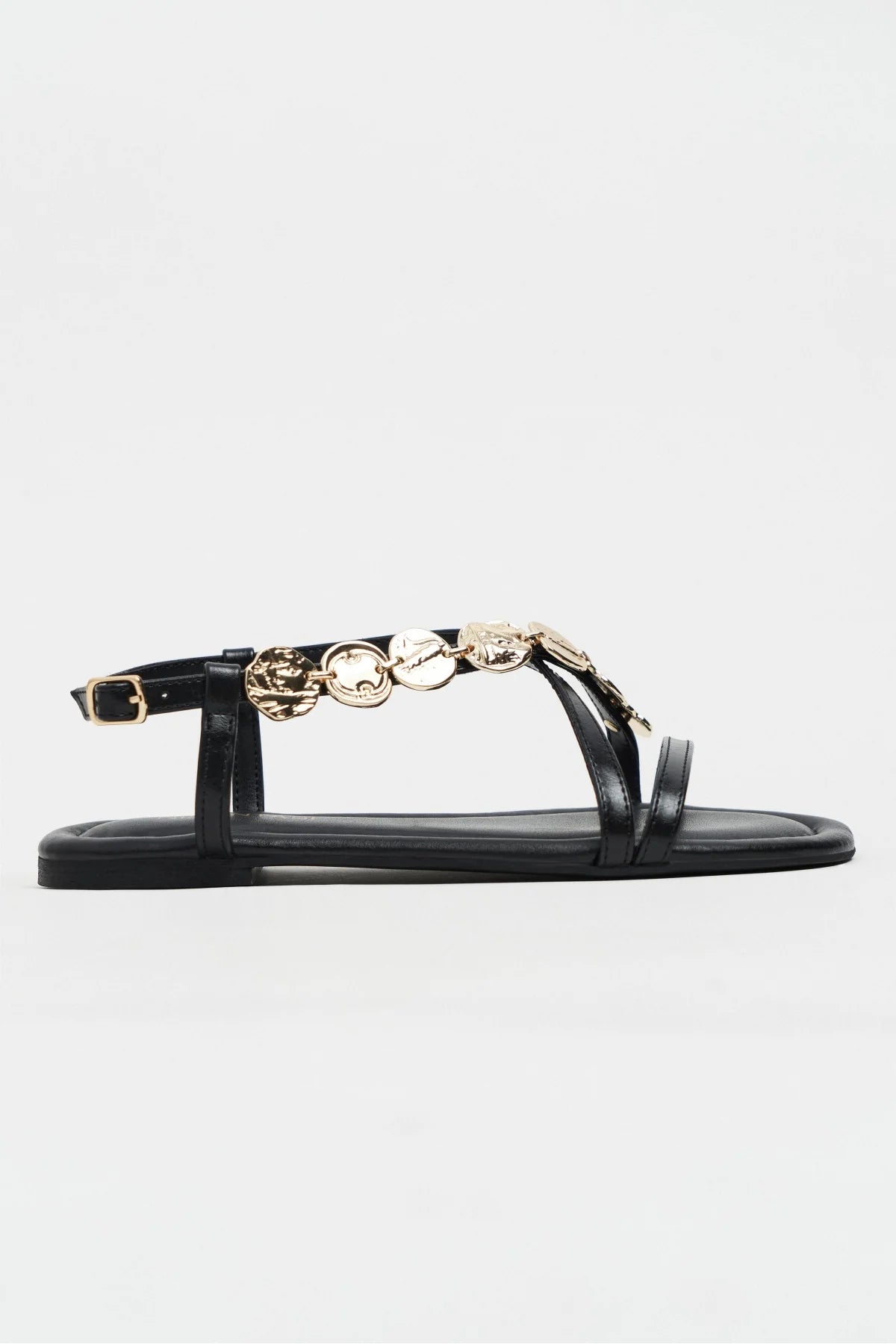 SELENE BLACK CROSS-STRAP FLAT WOMEN’S SANDALS WITH GOLD ACCENT
