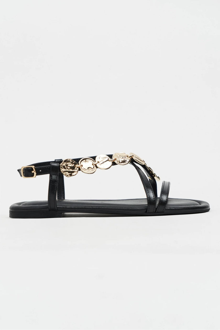 SELENE BLACK CROSS-STRAP FLAT WOMEN’S SANDALS WITH GOLD ACCENT