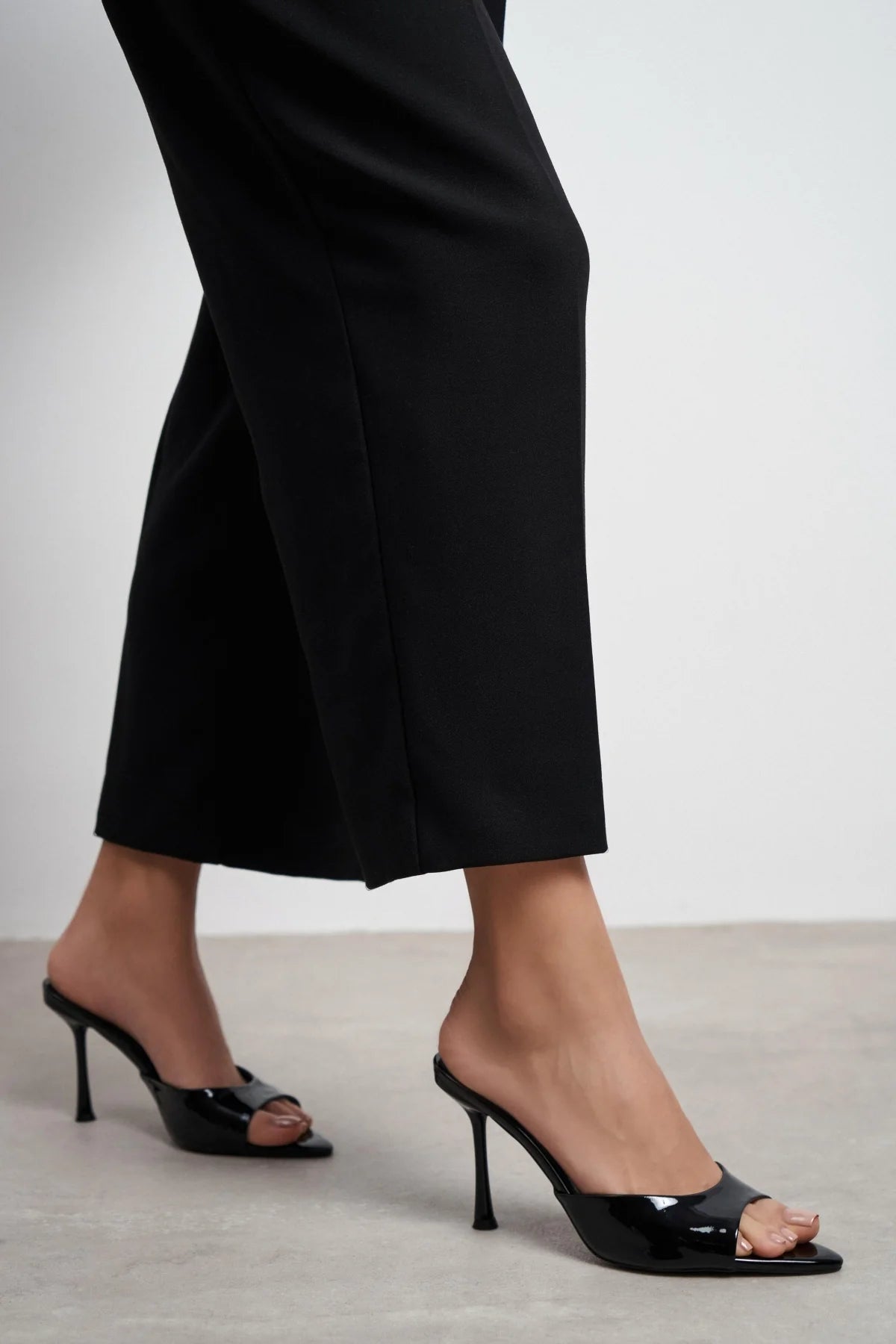 RENATA Black Patent Leather Pointed-Toe Mule Heels