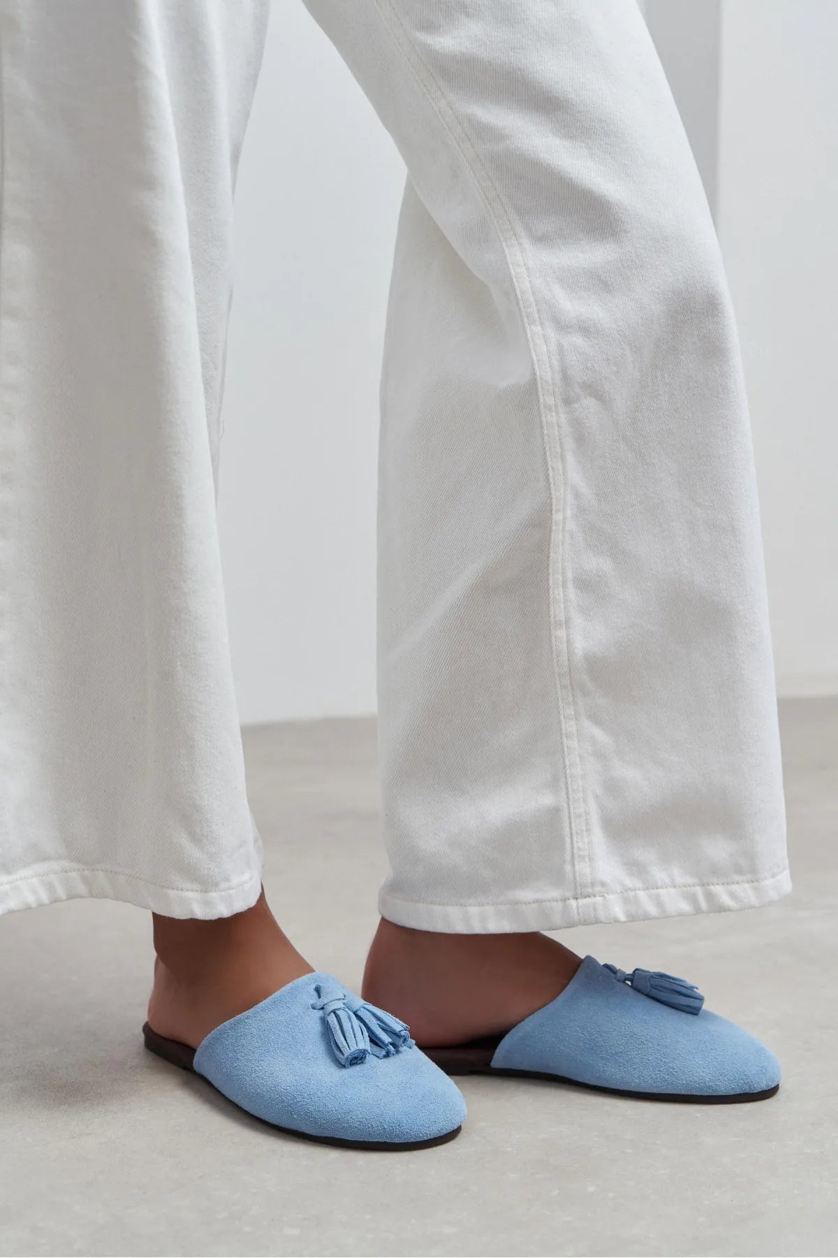 NELLA BABY BLUE GENUINE SUEDE LEATHER TASSEL DETAIL WOMEN’S FLAT SLIPPERS