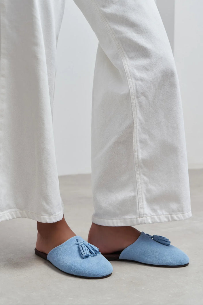 NELLA BABY BLUE GENUINE SUEDE LEATHER TASSEL DETAIL WOMEN’S FLAT SLIPPERS