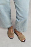 DESSAS ROME BEIGE SUEDE GENUINE LEATHER BUCKLE DETAIL WOMEN’S FLAT OPEN-TOE SANDALS