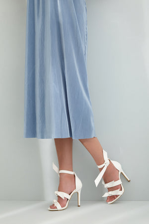 Marzia Three Strip Ribbon Detail  White Matte Heel Shoes - PRE ORDER
