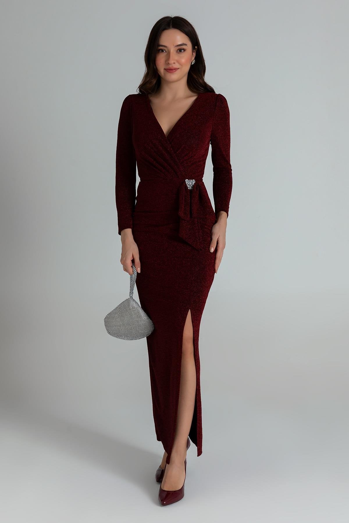 Long Sleeve Glitter Evening Dress - CLARET RED