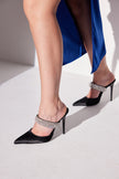 Ceres Stone Detailed Thin Heel 10 Cm Black Satin Slippers