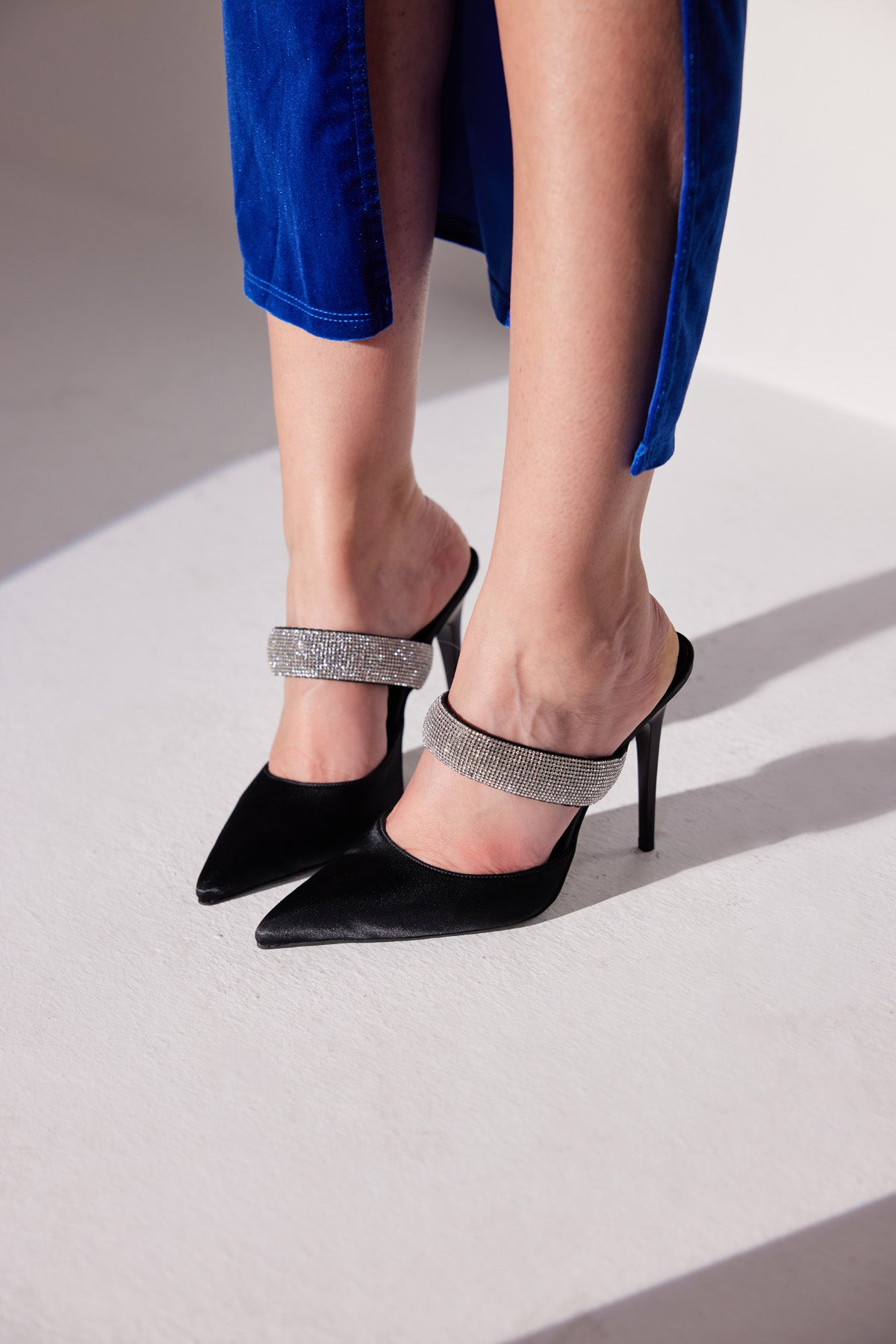 Ceres Stone Detailed Thin Heel 10 Cm Black Satin Slippers