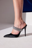 Ceres Stone Detailed Thin Heel 10 Cm Black Satin Slippers
