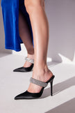 Ceres Stone Detailed Thin Heel 10 Cm Black Satin Slippers