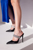Ceres Stone Detailed Thin Heel 10 Cm Black Satin Slippers
