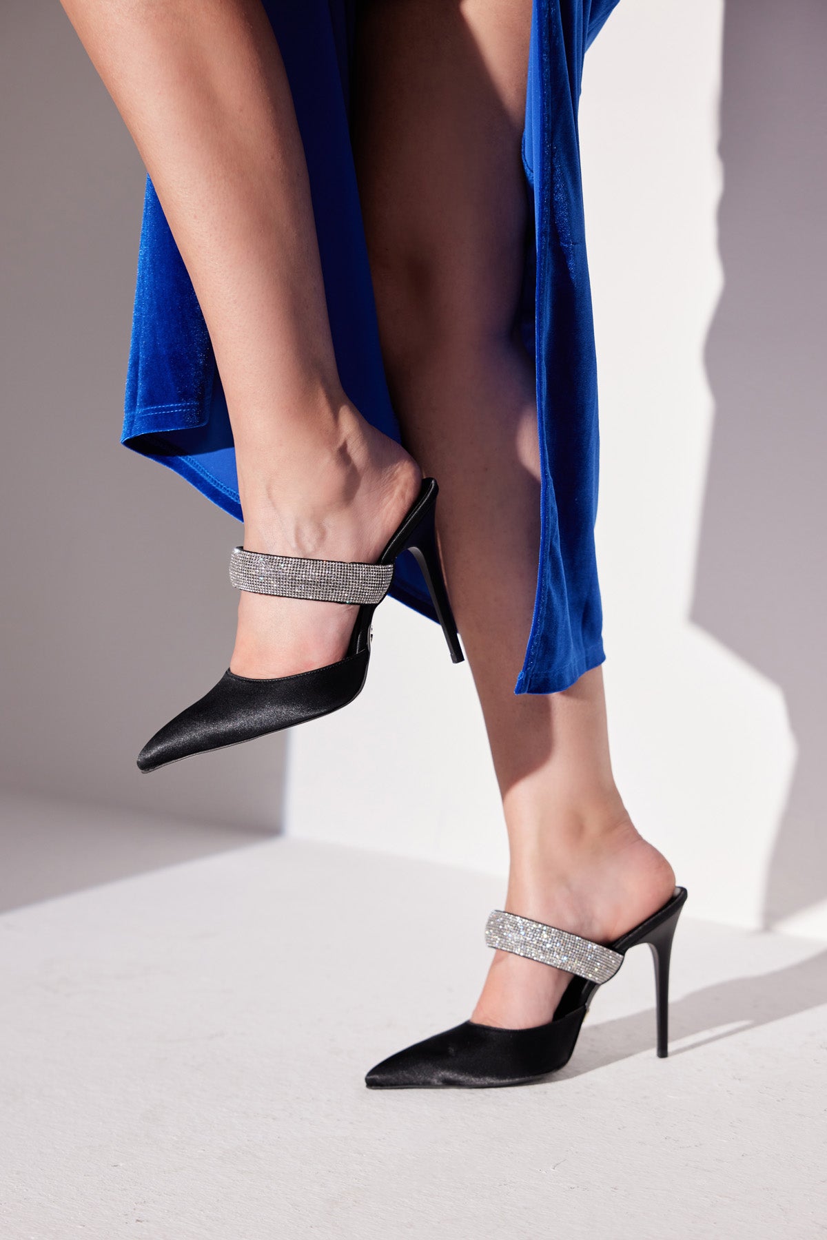 Ceres Stone Detailed Thin Heel 10 Cm Black Satin Slippers