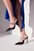 Ceres Stone Detailed Thin Heel 10 Cm Black Satin Slippers