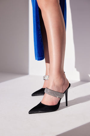 Ceres Stone Detailed Thin Heel 10 Cm Black Satin Slippers