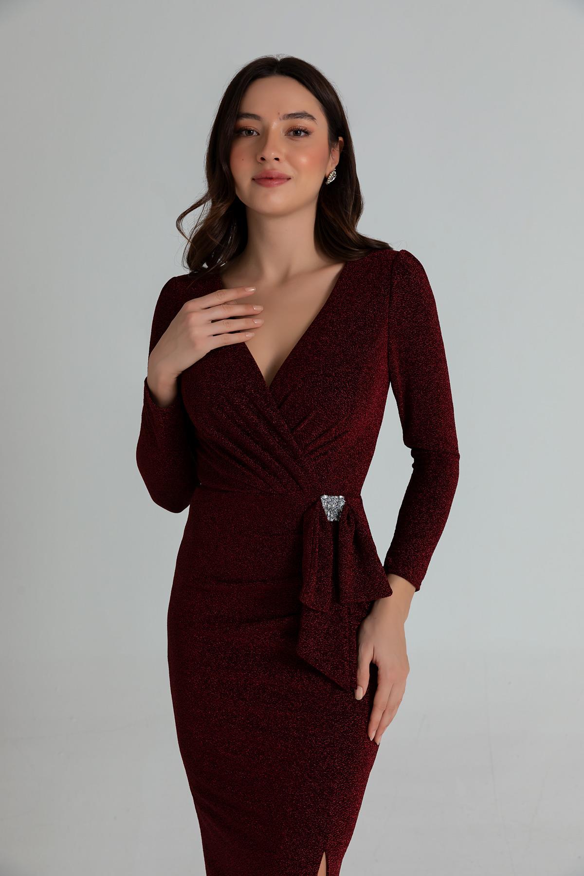 Long Sleeve Glitter Evening Dress - CLARET RED