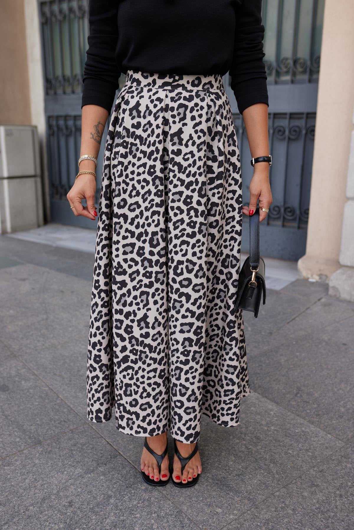 Camel Leopard Pattern Pleated Detailed Flared Skirt