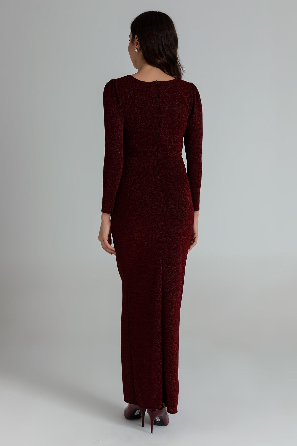 Long Sleeve Glitter Evening Dress - CLARET RED