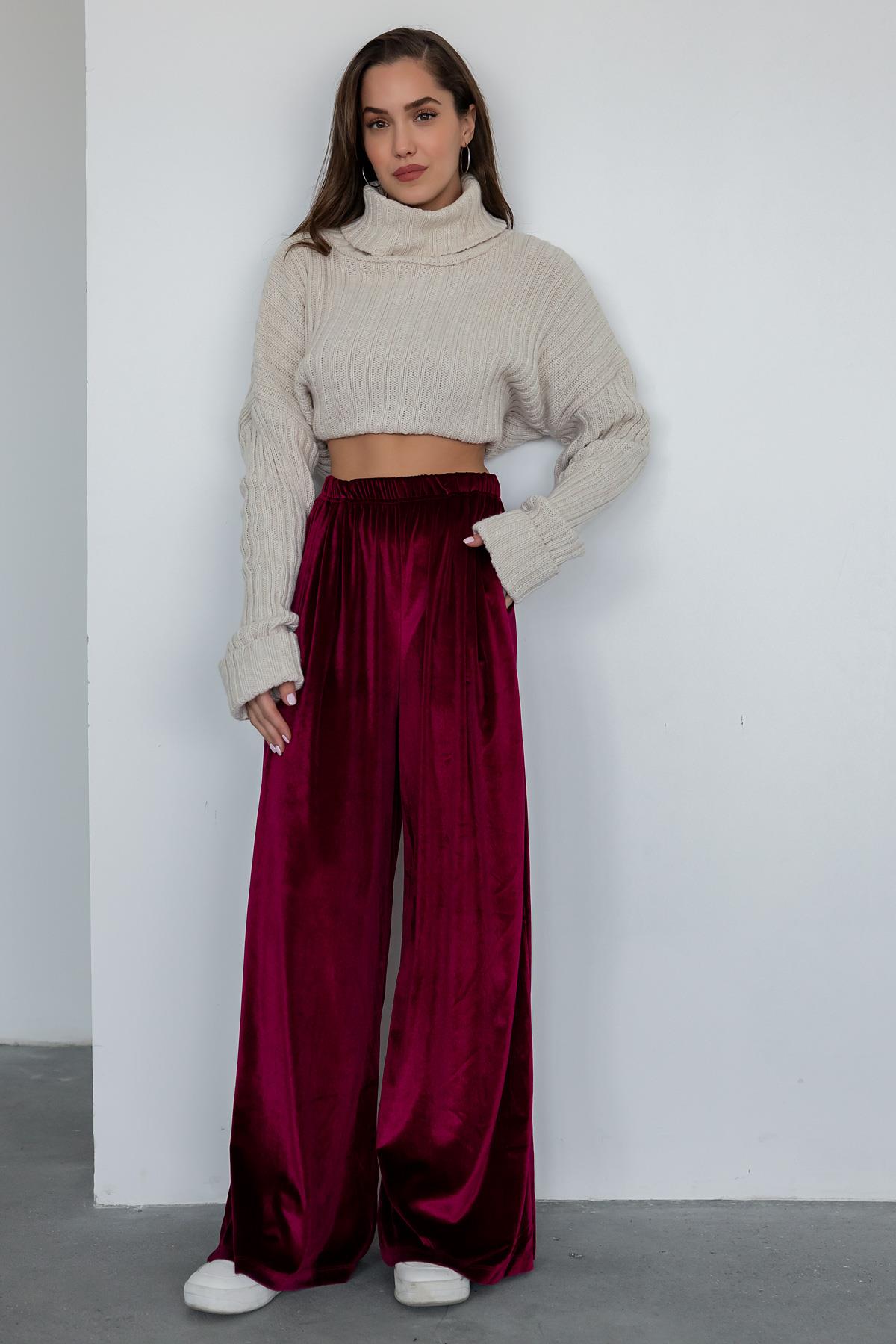 Wide Leg Velvet Trousers - Claret Red