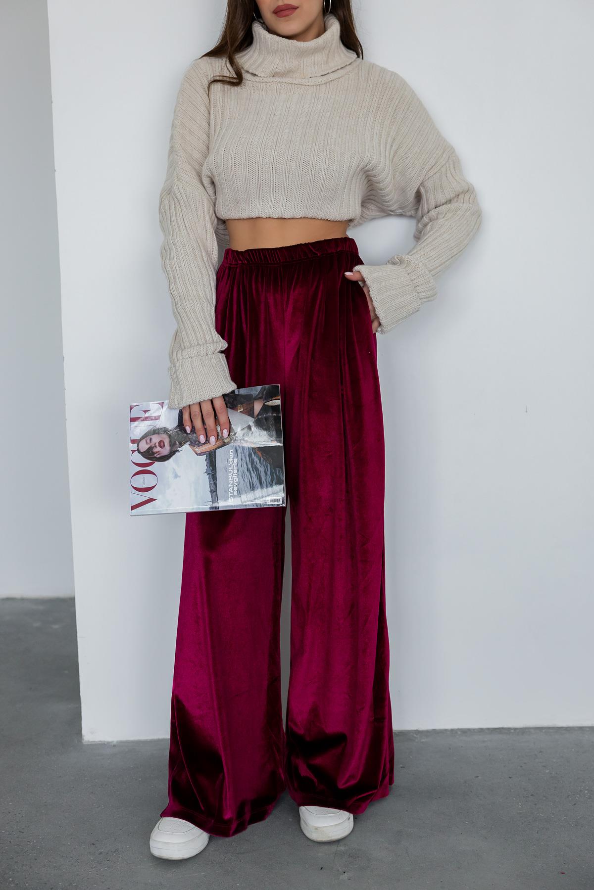 Wide Leg Velvet Trousers - Claret Red