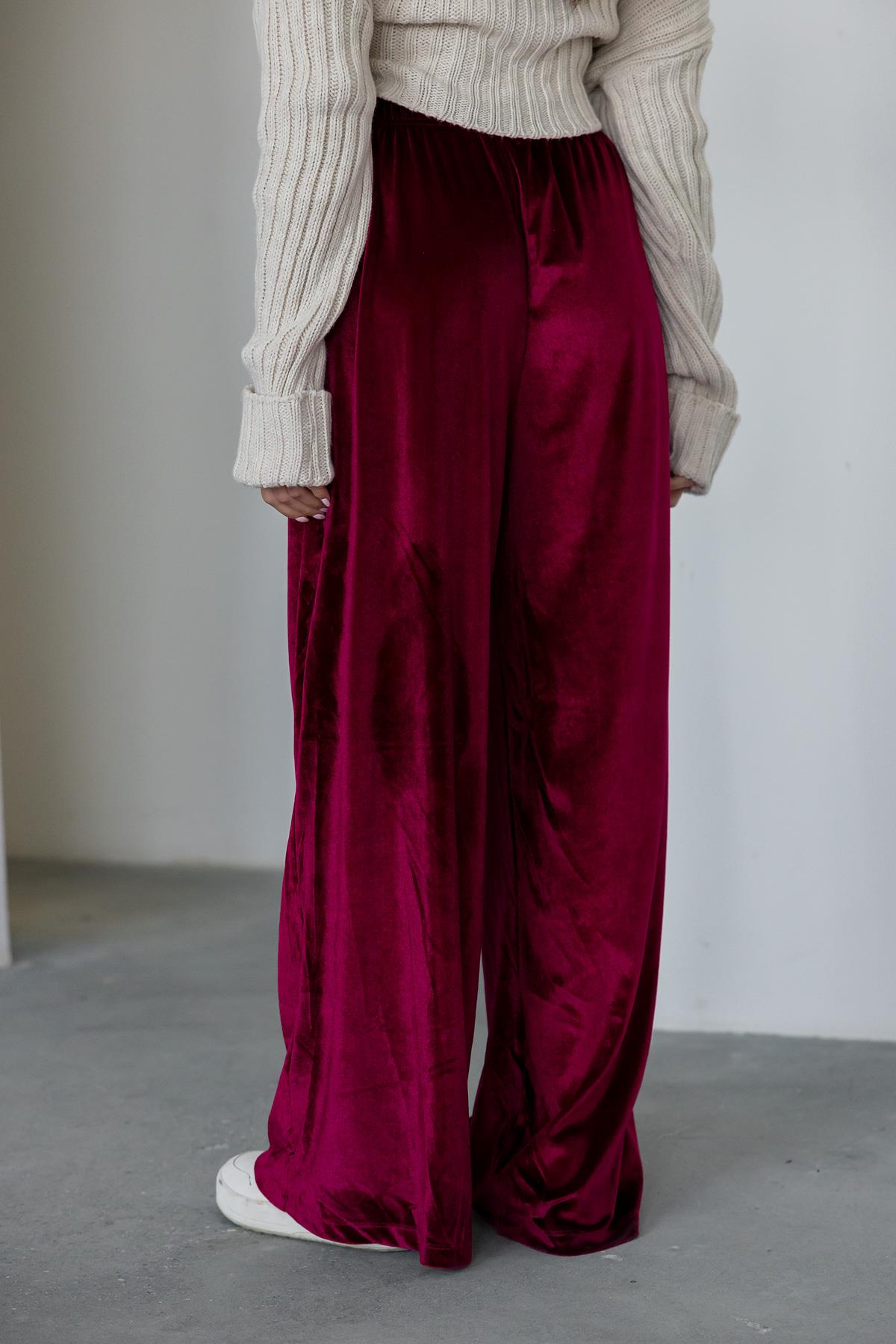 Wide Leg Velvet Trousers - Claret Red