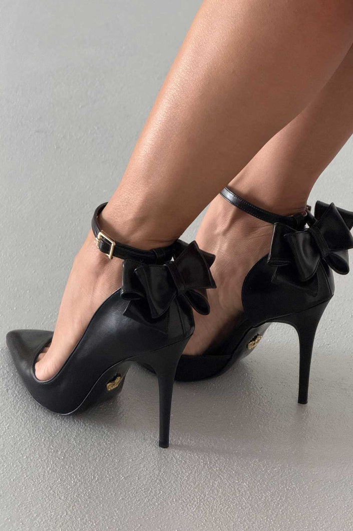 JAWHARA  Ankle Strap Bowtie Detail  Black Matte Stiletto