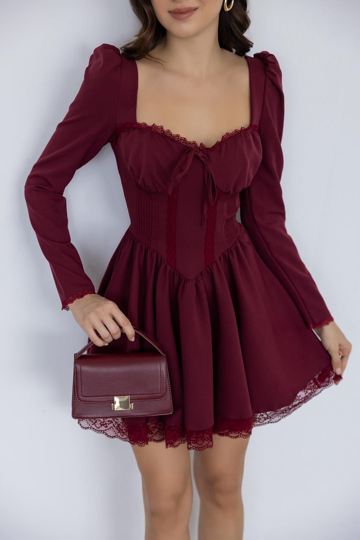 Lace Detailed Mini Dress - CLARET