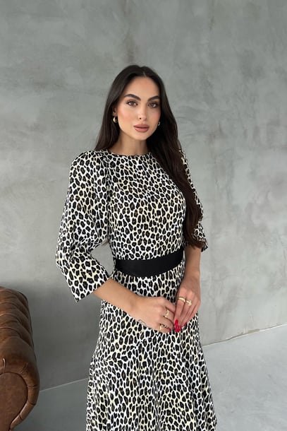 Loya Leopard Belt Detailed Satin Dress