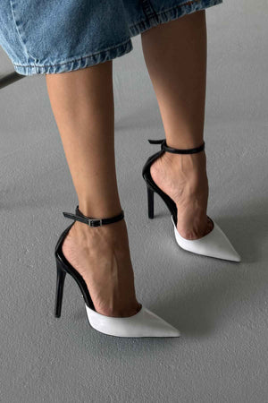 Gael Stone Buckle Detailed Ankle Strap White Black Stiletto