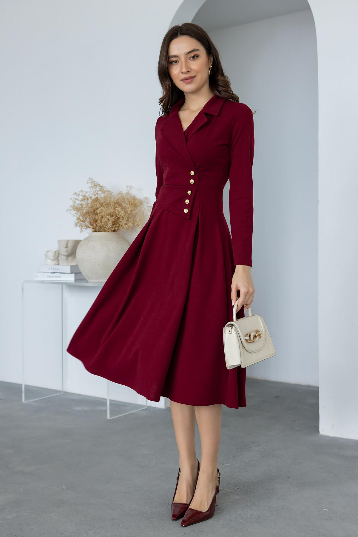 Button Detail Collar Dress - CLARET RED