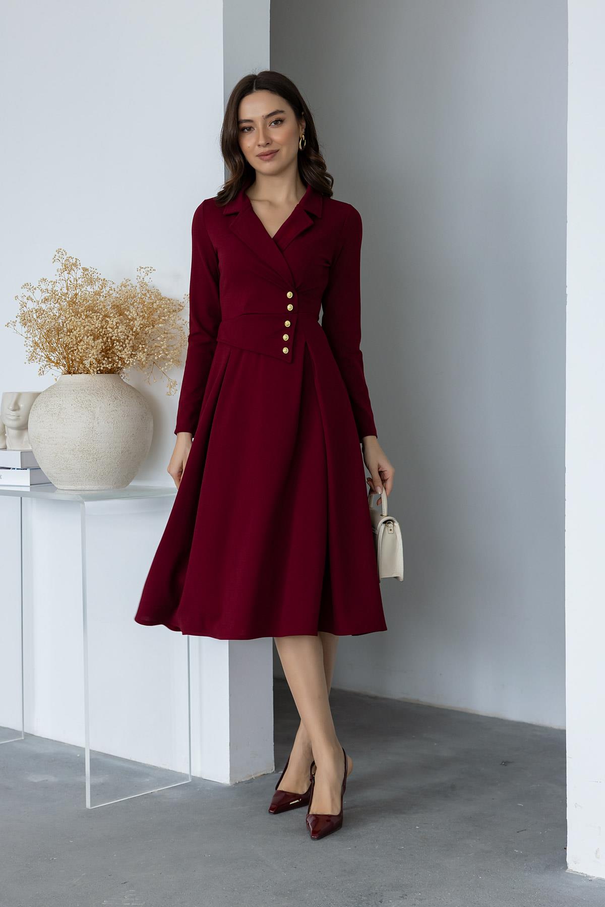 Button Detail Collar Dress - CLARET RED