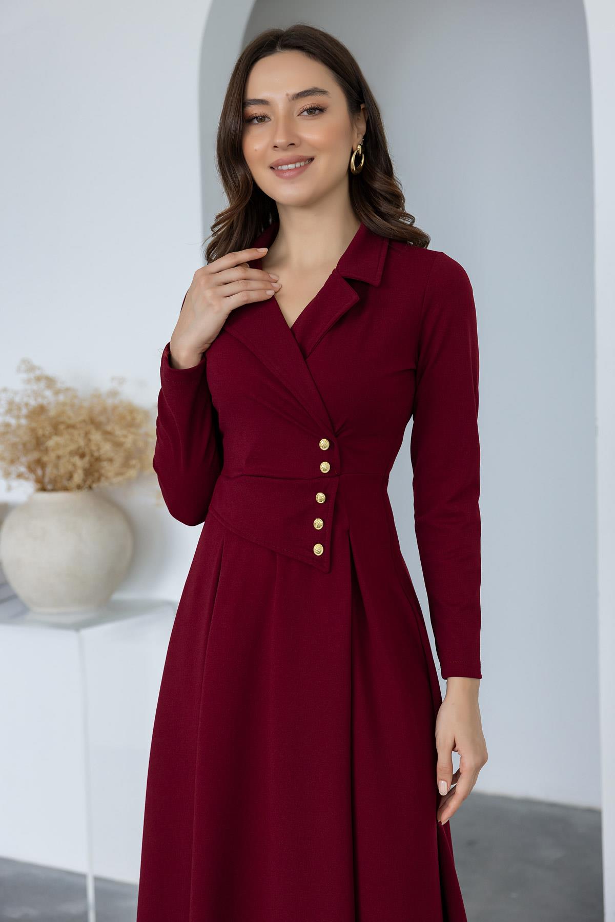 Button Detail Collar Dress - CLARET RED