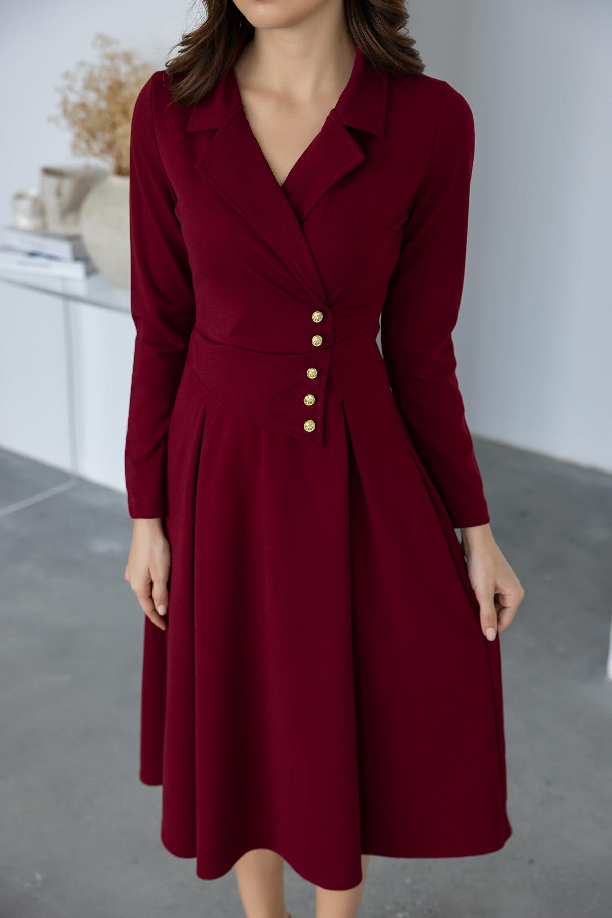 Button Detail Collar Dress - CLARET RED