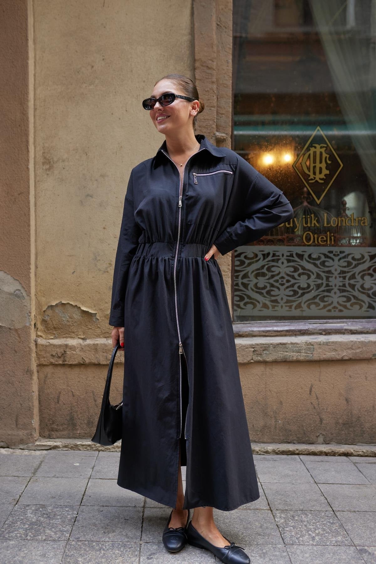 Black Front Zippered Elastic Waist Long Sleeve Dress