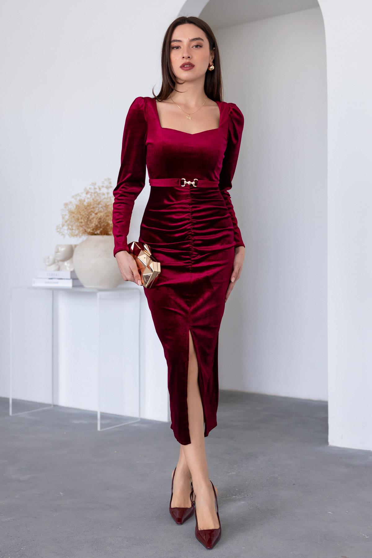 Belted Velvet Evening Dress - CLARET RED