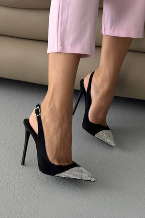 Jewel Stone Detailed  Black Suede Stiletto