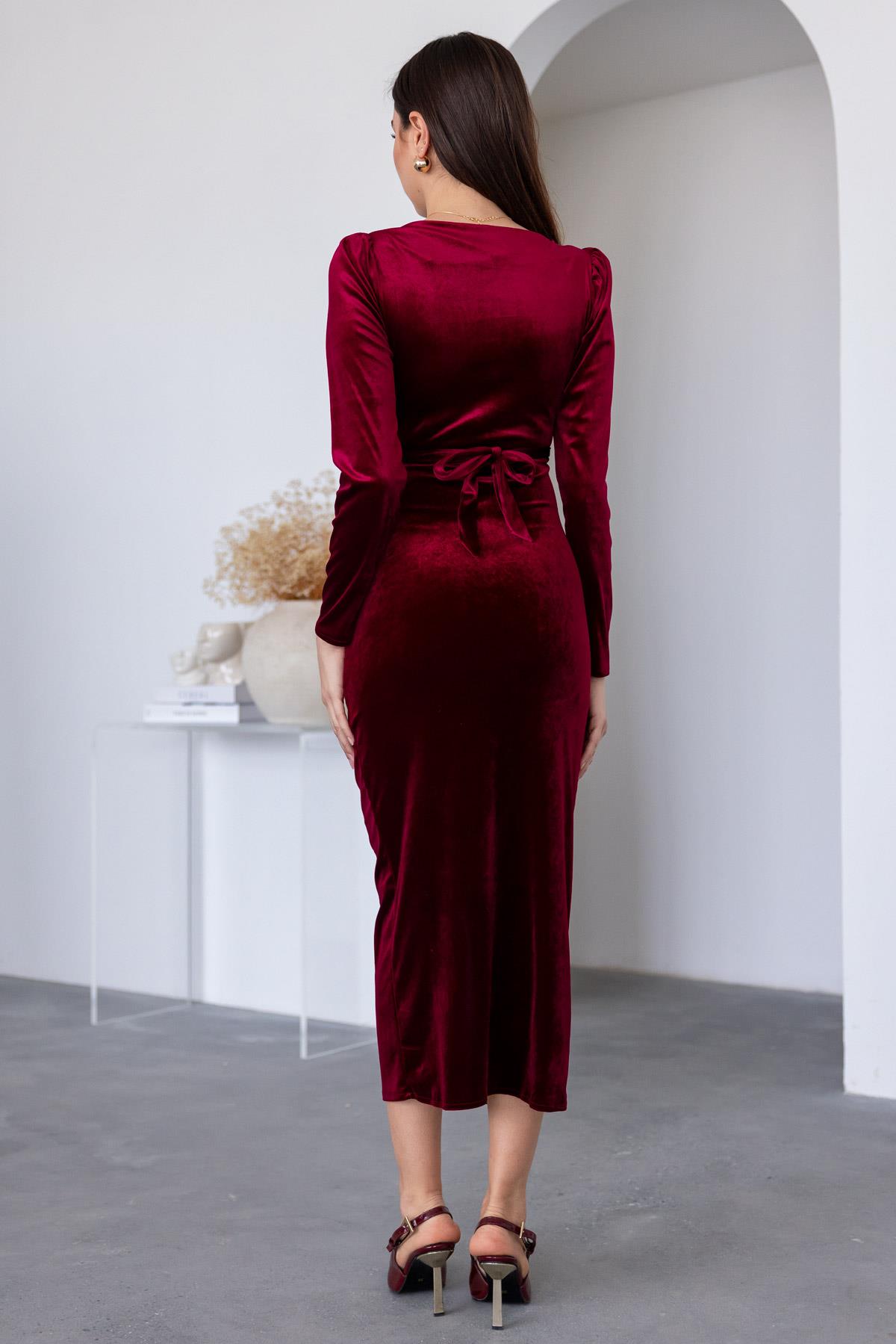 Belted Velvet Evening Dress - CLARET RED