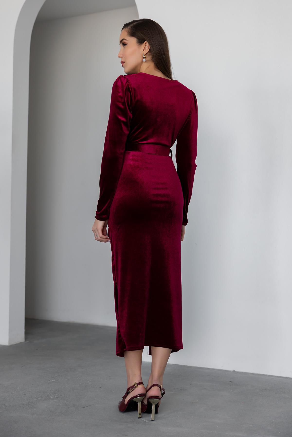 Velvet Dress with Slit - Claret Red