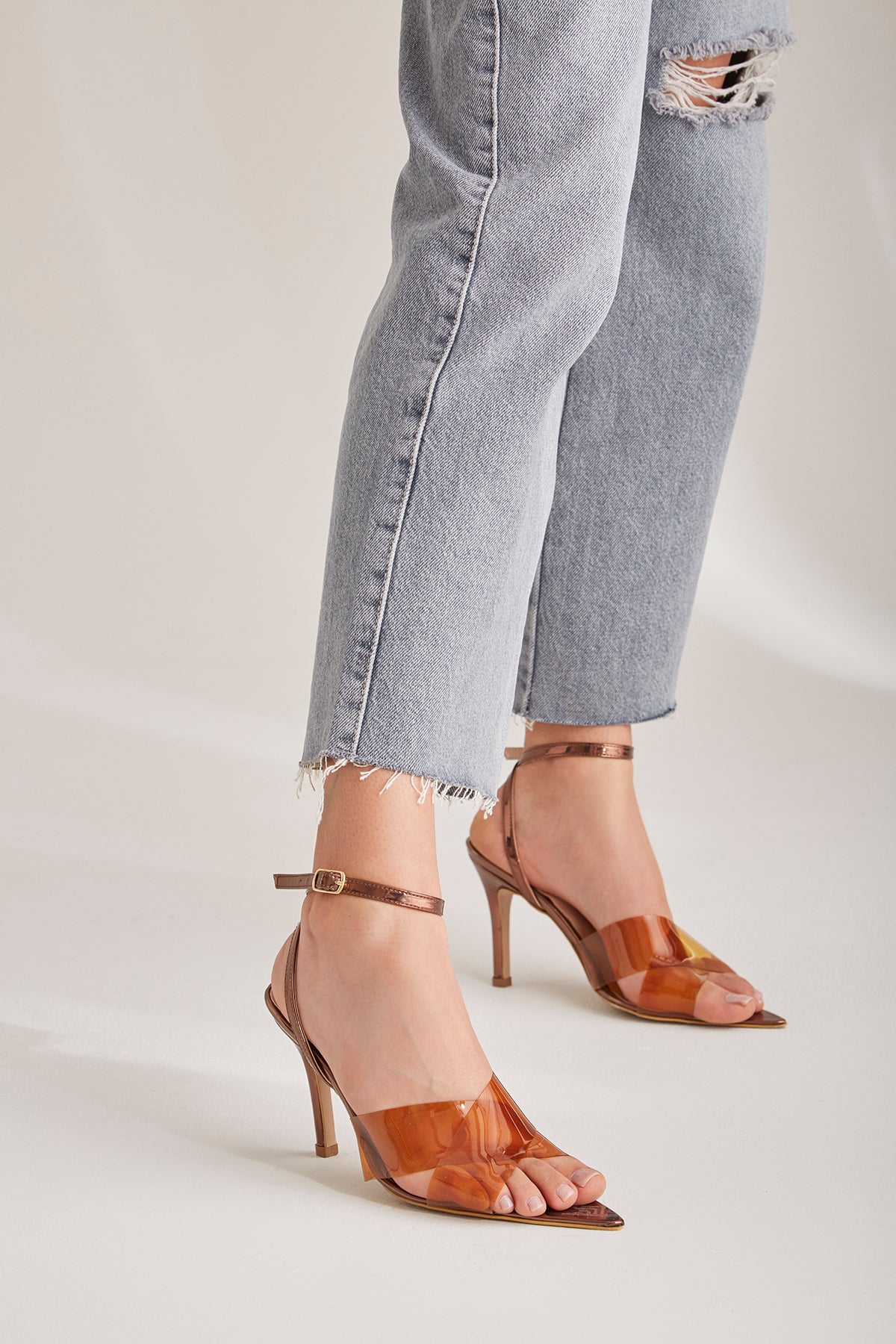 Dorito Transparent Cross Strap  Tan Heel Shoes